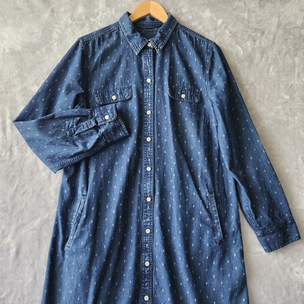 Talbots Dress Womens Size 16 Blue Denim Chambray Diamond Print Pockets Button
